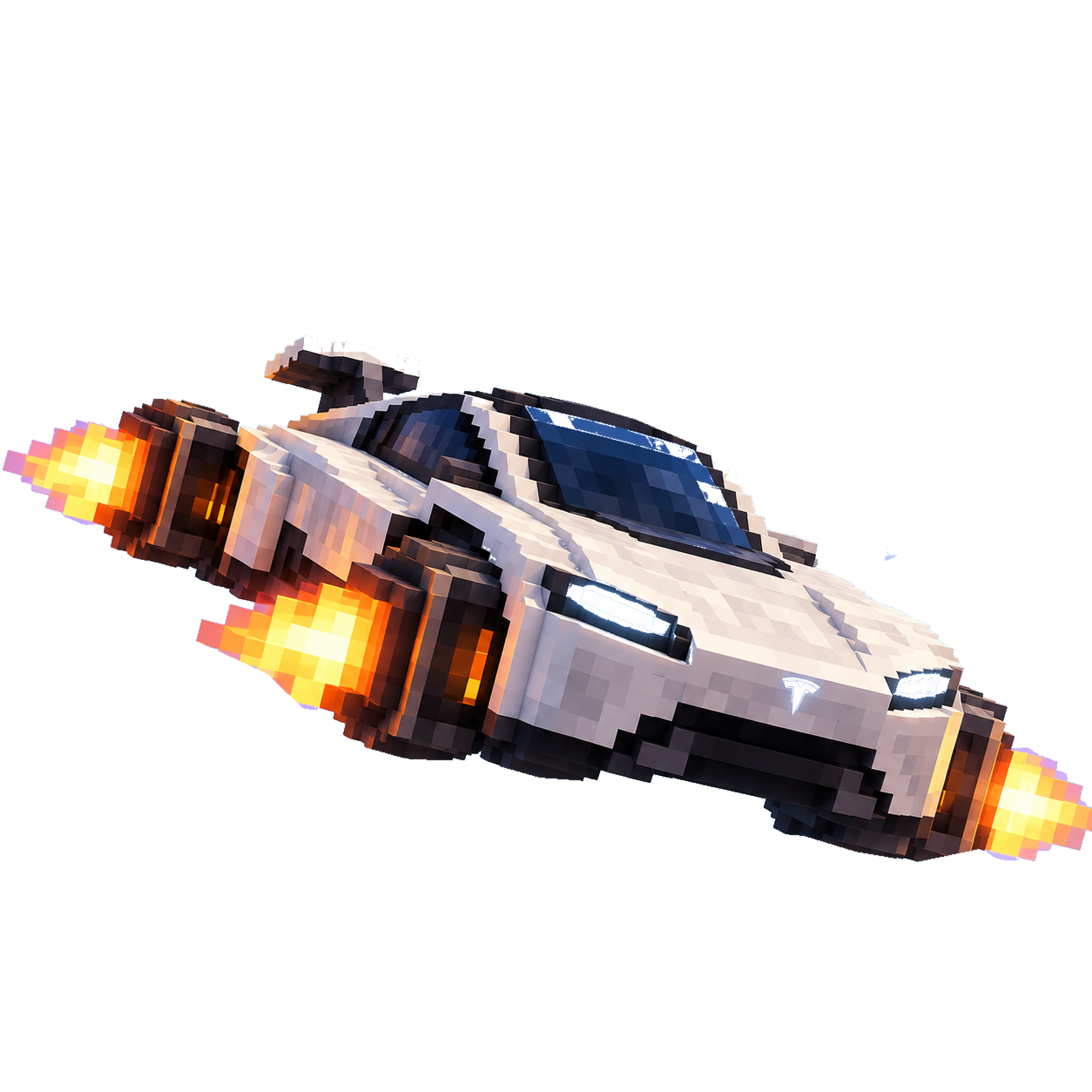 White MineFly voxel flying car with bright rocket exhaust